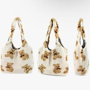 Plush handbag with faux fur and fluffy bear design